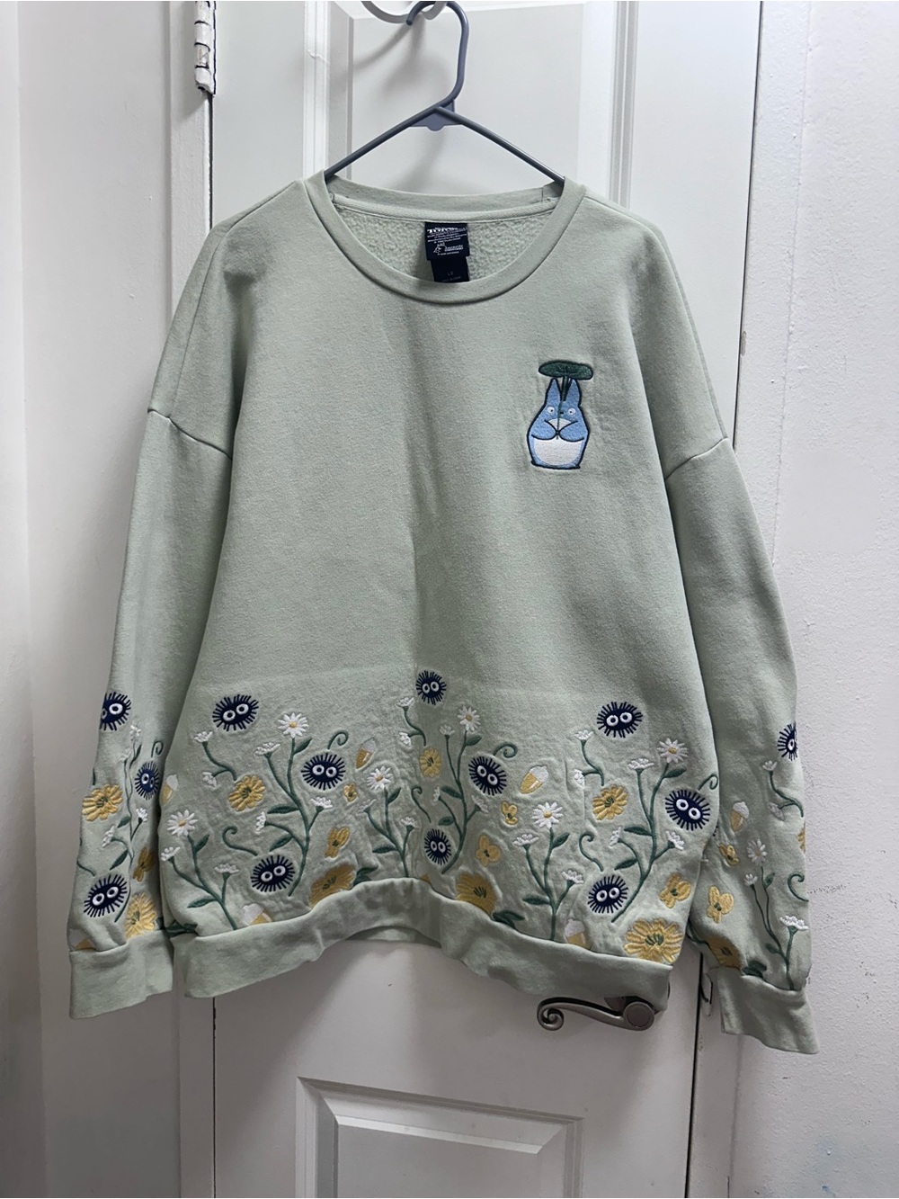 My Neighbor Totoro Embroidered Sage Green Floral Crewneck Sweater